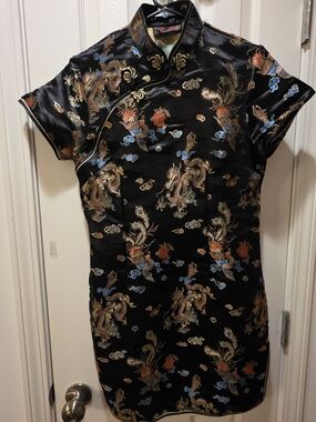 Black Satin Dragon Embroidered Cheongsam Dress - Elegant Mandarin Collar